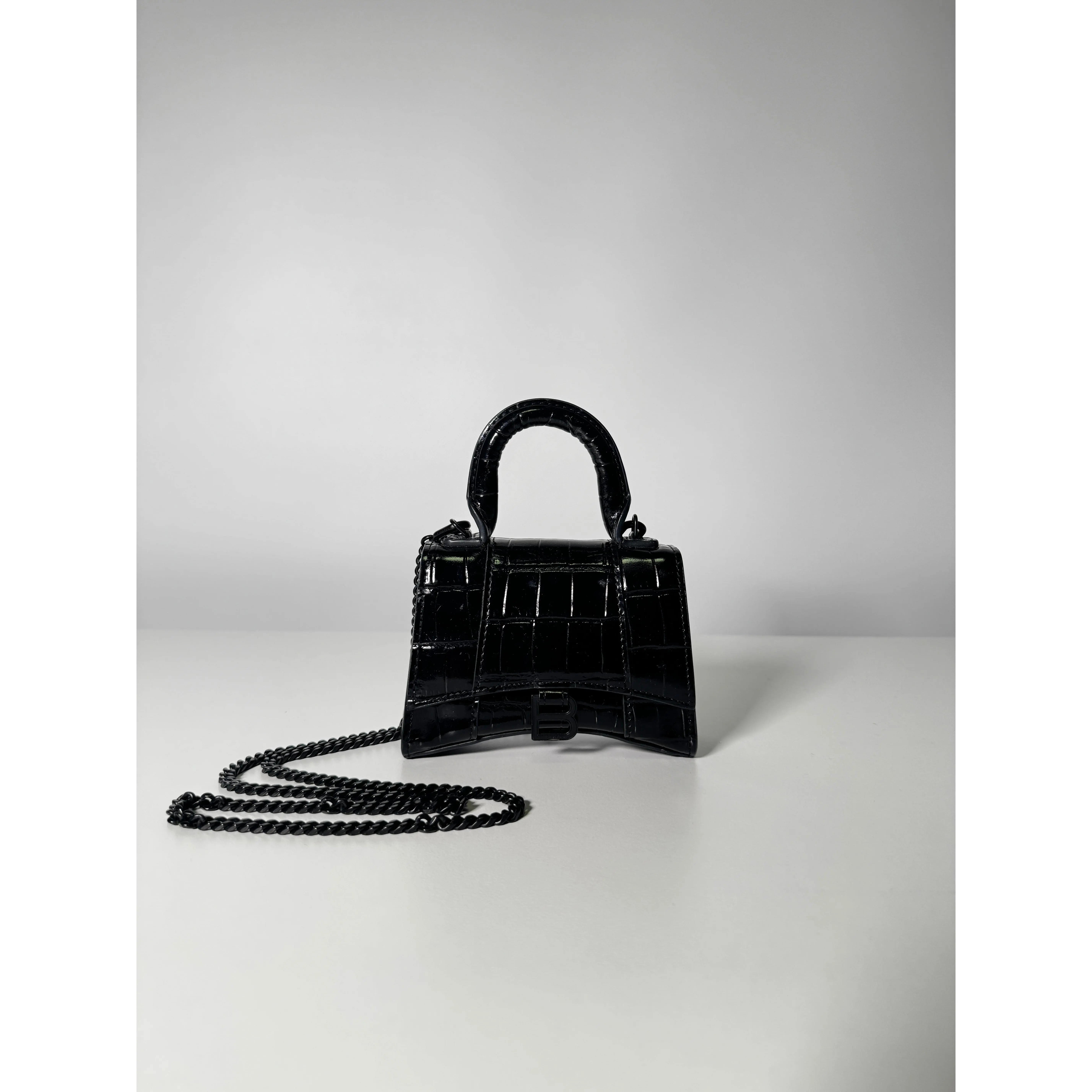 Pre-owned Balenciaga Crocodile-Embossed Black Leather Mini Bags Hourglass Mini Top Handle Bag