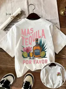Mas Tequila Por Favor Graphic Tee, Retro Pink Agave & Lime Print Cotton Top, Trendy Y2K Fiesta Outfit, Soft Breathable Casual Short Sleeve for Women, Ideal for Summer Beach, Cocktail Parties & Night Out #TequilaGirl #FiestaVibes #SummerOOTD #CocktailVibes