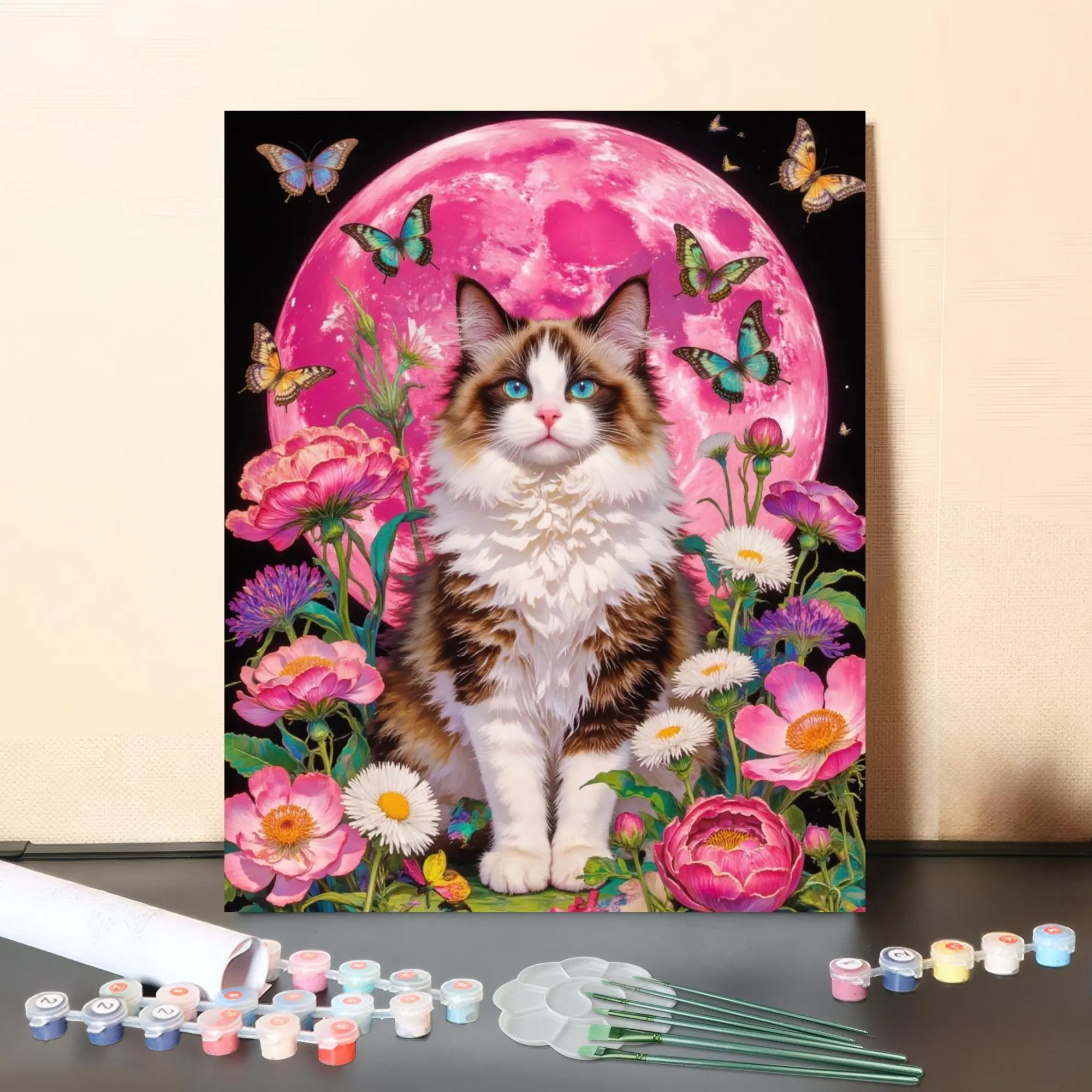 DIY Paint-by-Numbers Set "Cat in the Moon Garden" - Includes Canvas with Numbered Fields, Acrylic Paints, Brushes, and Color Guide for Adults & Kids