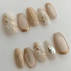 10pcs Pure Handmade Press On Nails Medium Apricot Nails Coffin Nails Glitter Nails Glossy False Nails Y2k Gentle Vintage Elegant Affordable Luxury Style Cat Eye Gilt Flower For Women And Girl,Fall Winter Festivals Party And Dailys Life Use
