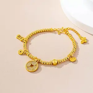 Lucky Gold Charm Bracelet | Dainty Crystal Coin Pendant | Adjustable 6.3"+1.6" Chain