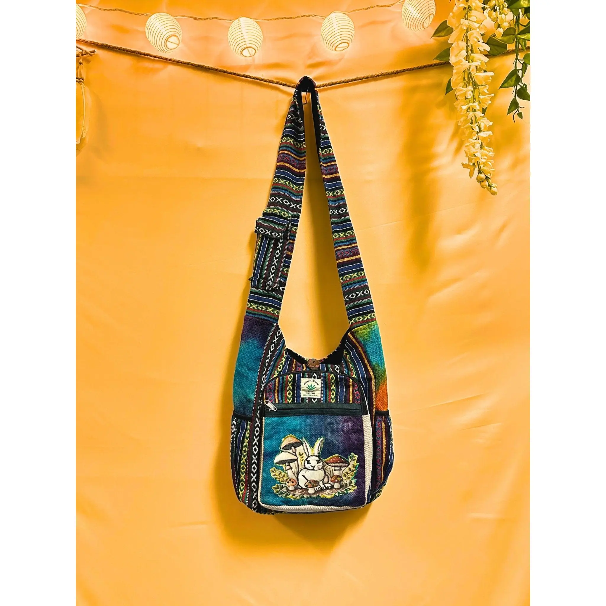 Bunny Mushroom Embroidered Boho hippie style Handmade crossbody shoulder bag