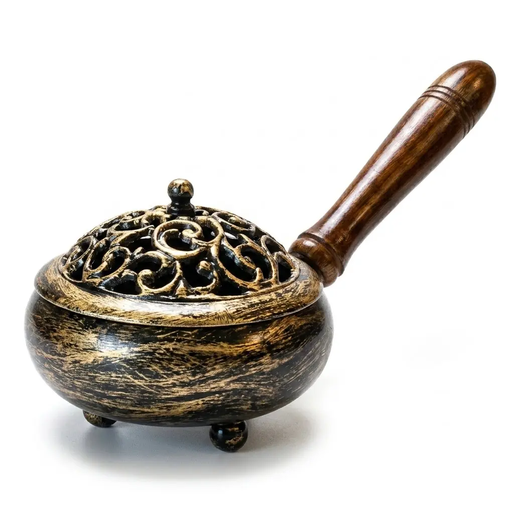 9" Metal Incense Burner — Antiqued Gold Charcoal Censer Wooden Handle
