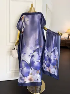 Women's Fashion Print Long Robe Set, Matching Moomoo Dress + Scarf Headband, Casual Woven Fabric, Thin All-Season Wear, Beach Sun Protection