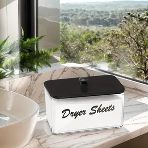 Acrylic Container Clear Storage Box, Dryer Sheet Holder, Acrylic Tissue Box Holder with Black Lid and Waterproof Labels for Laundry Room Organization, Holds Sheets, Balls, Clothes Pins, Laundry Pods, Laundry Organizer