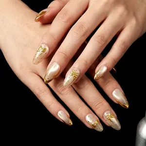 Gold Cat Eye French Tip Bow Polka Dot Medium Almond Press On Nails – 10 pcs Fake Nails, Kit with Jelly Glue & File, Chic Cat Eye French Nails for Clean, Elegant & Everyday Looks