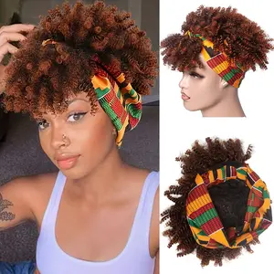 Short Voluminous Curl Headscarf Wig Synthetic Fiber African Tight Curls 8-Inch High Curl with Scarf Headband Wig Women's Wig