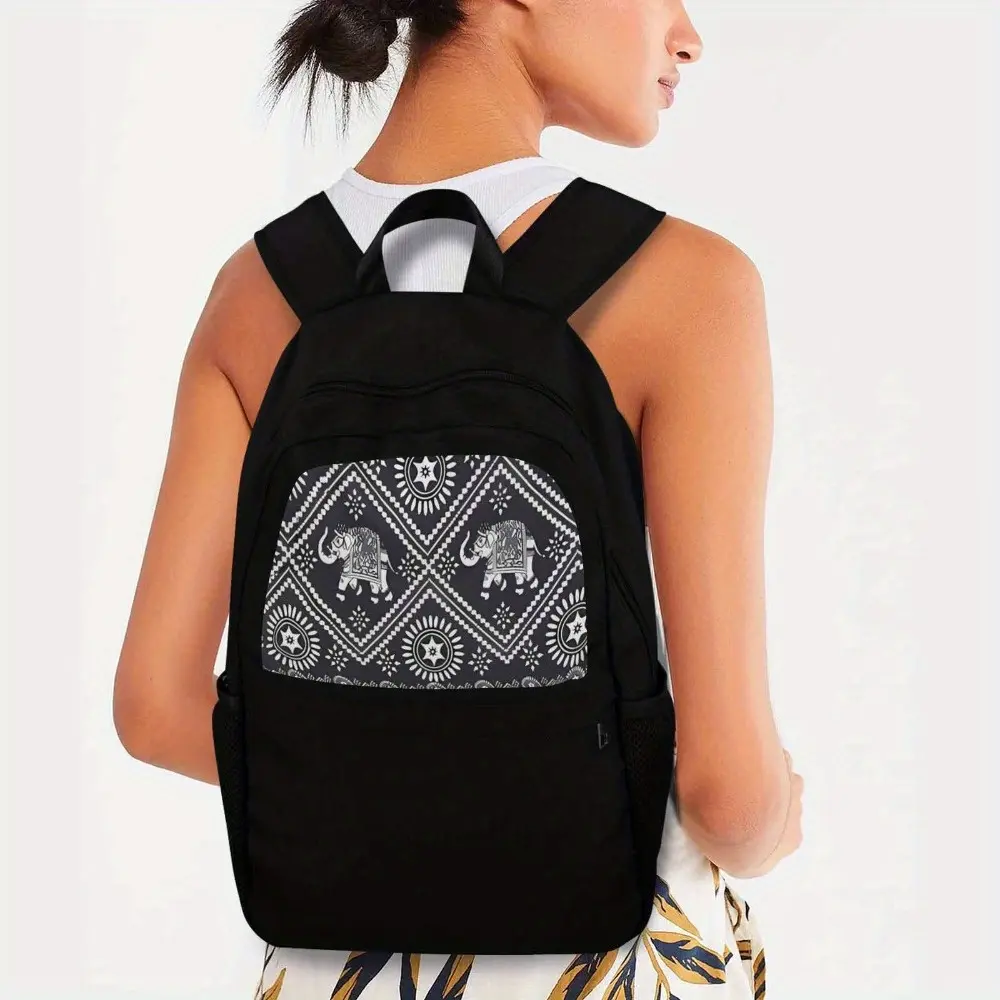 Retro Elephant Graphic Backpack for School, Casual Black Nylon Daypack for Teenagers, Lightweight Large Capacity Bag with Adjustable Straps, 11" L x 5" W, 11 Inches Length, 5 Inches Width, 11*17.7*5Inch/28*45Cm*13Cm-1Pc