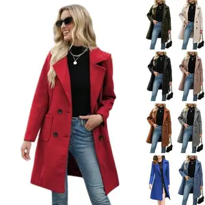 Women’s Trendy Wool Blend Mid-Length Coat – Elegant Double-Breasted Lapel Jacket, Sophisticated Warm Outerwear for Autumn/Winter Styling, Fashionable Red Gift