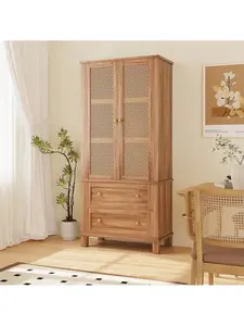 64" Tall Farmhouse Pantry Cabinet , Adjustable Shelves & Anti-Toppling Design With 2 Rattan Doors & 2 Drawers ,Solid Wood Freestanding Storage Cabinet For Kitchen Bathroom Living Room Dining Room