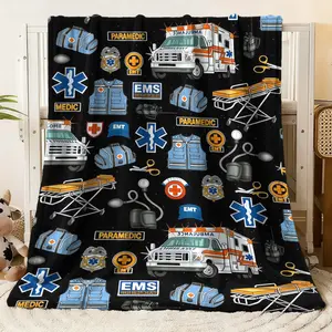 EMS Paramedic Themed Flannel Blanket - Ultra Soft & Cozy Throw Blanket Featuring Ambulance, Stretcher, Medical Gear, EMS/PARAMEDIC/MEDIC/EMT Logos & Star of Life Symbols Print, Perfect for Emer