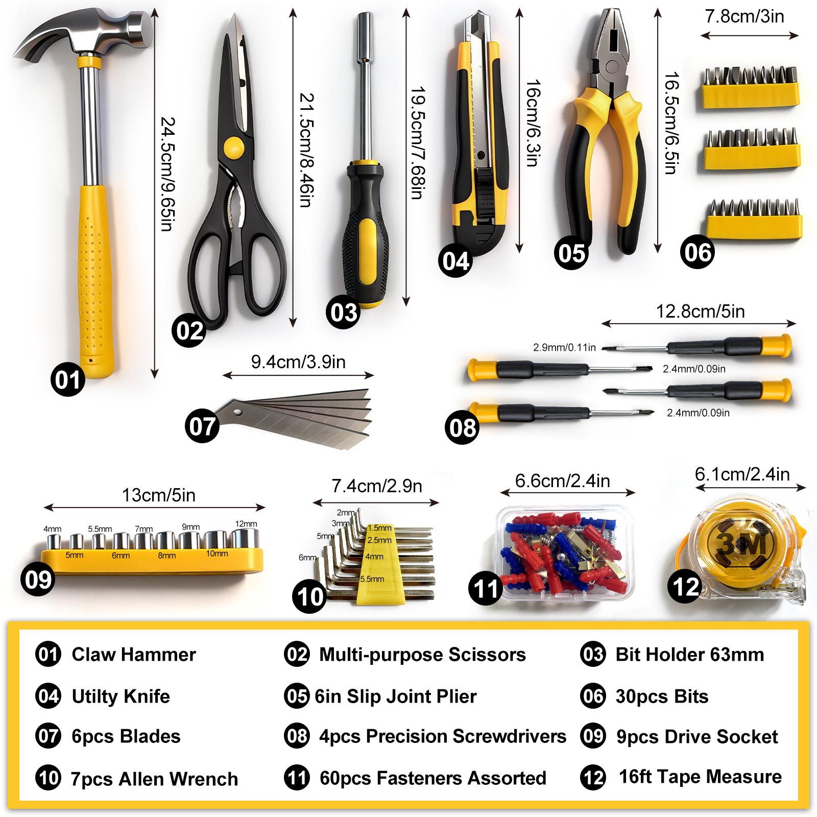 122PCS Tool Kit | Includes Screwdriver, Utility Knife, Scissors, Tape Measure, Hammer, Internal Hex Wrench, Pliers | Suitable for Home, Garage, Garden, Office, College Dormitory | Ideal for DIY