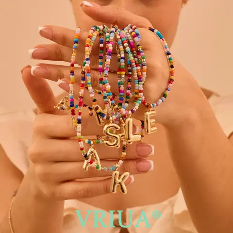 VRIUA Women's Long Unisex Bubble Initial Rainbow Beads Necklace - Handmade Dainty Modern Versatile Costume Jewelry, Beaded Jewelry Necklaces, Rainbow Multi-Color Accessories for Beach Boho Everyday Wear, Rainbow Multi-Color Necklaces