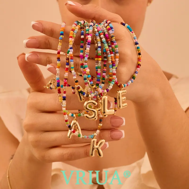 VRIUA Women's Long Unisex Bubble Initial Rainbow Beads Necklace - Handmade Dainty Modern Versatile Costume Jewelry, Beaded Jewelry Necklaces, Rainbow Multi-Color Accessories for Beach Boho Everyday Wear, Rainbow Multi-Color Necklaces