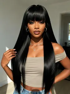 Long Straight Wigs Natural Black Glueless Heat Resistant Wig with Bangs Synthetic Fiber Cosplay Party Wig for Fashion Women Natural Color Synthetic Hair Wig