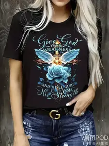 Women's & Men's Christian Faith T-Shirt - Give It to God Bible Verse (Psalm 28:7) with Blue Roses & Angel Wings - Lightweight Breathable Round Neck Short Sleeve Casual Top for Church, Prayer Meetings - Religious Apparel