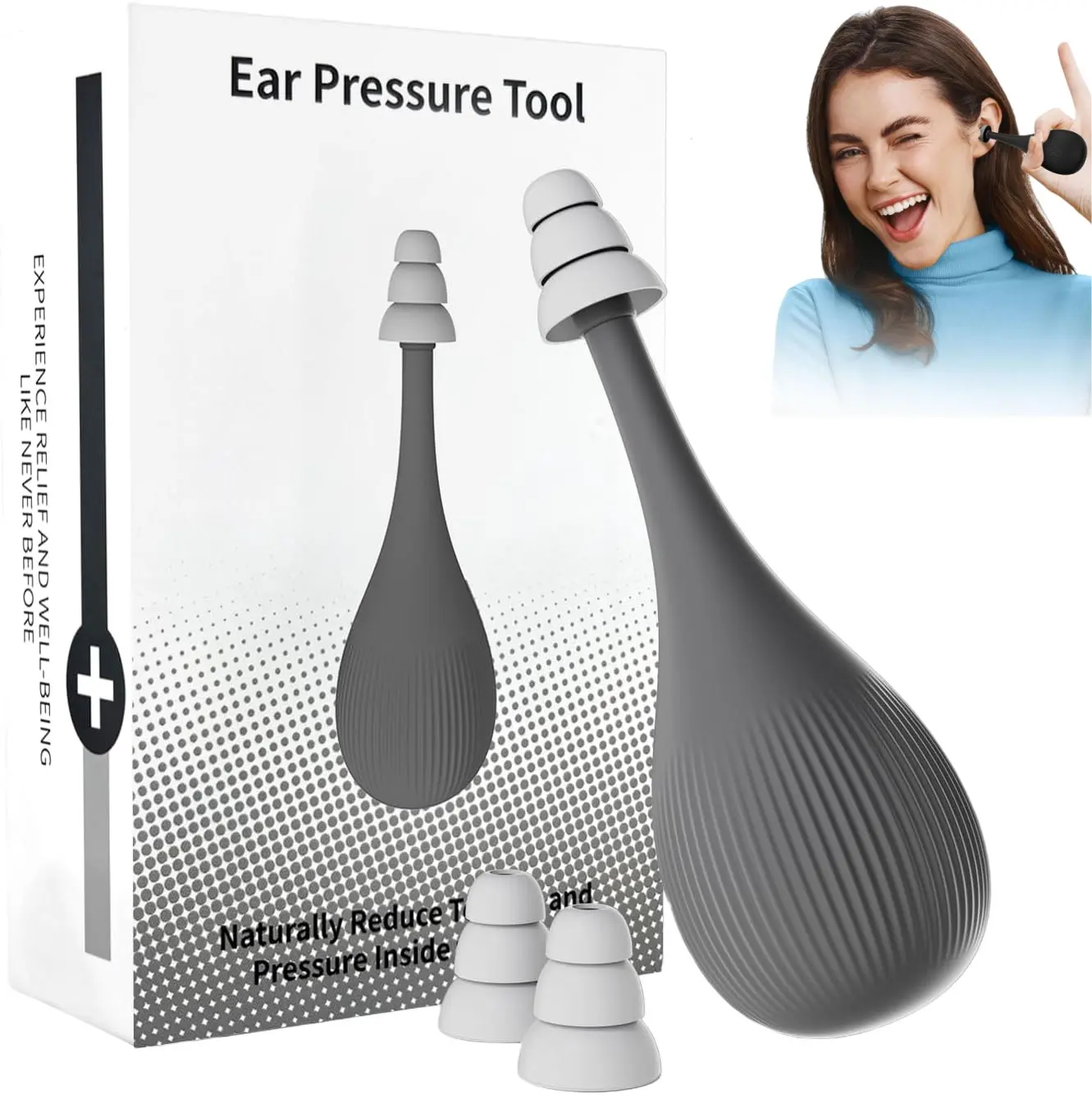 Ear Pressure Relief Suction Device, tinnitus relief for ringing ears,Migraine and Headache Relief Tinnitus Products with 3 Sizes of Earplugs, Reduces Tension,Grey Earwax Removal Kit Silicone Ear Cleaner Ear Cleaning Tool