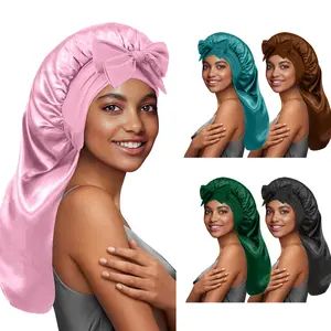 5-Count Long Satin Sleeping Bonnets (5 Counts Combine) - Double-Layer, Frictionless Silk-Like Haircare Caps with Adjustable Elastic Tie Band for Adult Natural Hair, Overnight Heatless Smooth Protection for Braids, Curly Hair