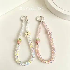3D Strawberry Crystal Phone Wrist Strap, Transparent Style Beaded Chain, Multi-Use Anti-Loss Pendant, Girls' Gift, Baby Phone Charm, Phone Lanyard, Accessories, Aesthetic