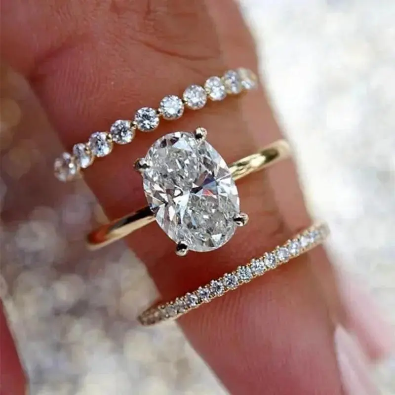 TopJewe - 3 Pieces/set of Exquisite Sparkling Oval Inlaid Zircon Rings, Suitable for Ladies' Engagement, Wedding, Banquet Jewelry Gifts