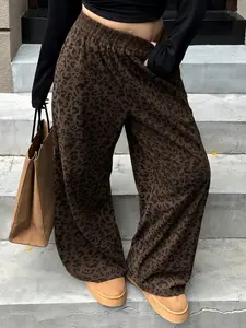 Women's All-Season Corduroy Pocket Elastic Waist Leopard Print Casual Pants, Womenswear Fashion Commuter Versatile Machine Wash Loose Wide Leggings