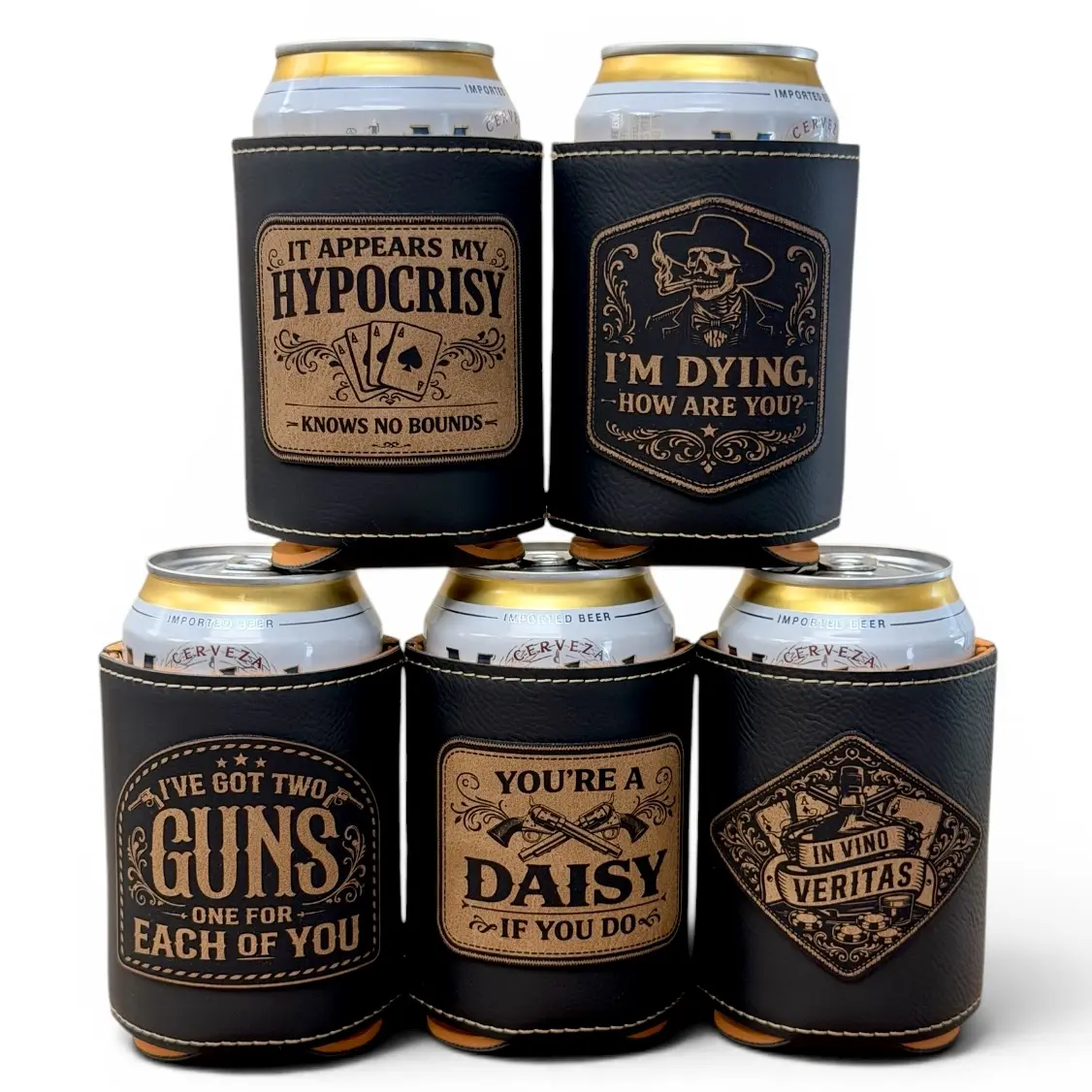 Doc Holliday Leatherette Can Cooler II – Matte Black Drink Holder w/ Rustic Brown Patch – Iconic Tombstone Quotes II
