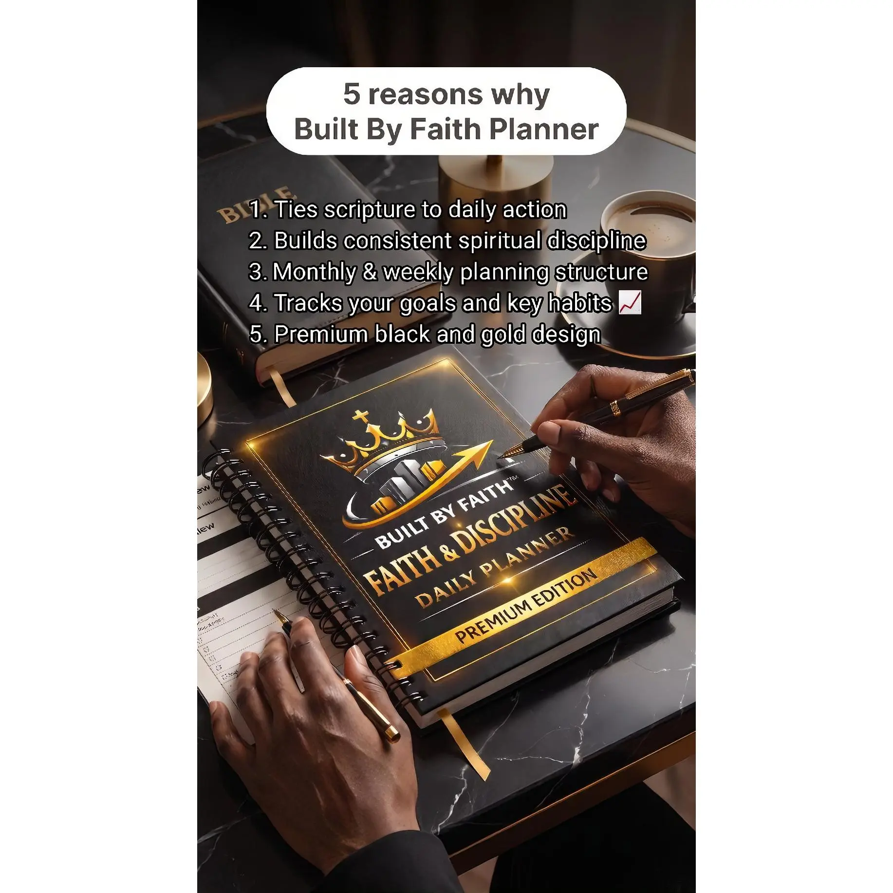 Built By Faith Daily Planner - Premium Black-Gold Design, Daily Action Planning, Spiritual Focus, Goal Tracking Office Organiser - $70