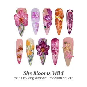 Lilynailsart | She Blooms Wild Press On Nails - Tropical 3D Floral Nails - Colorful Handmade Gel Nails