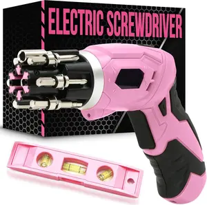 Electric  Cordless Mini Drill Set - 4V Rechargeable  Cordless  Set for Women w Bubble Level LED Light - Small Screw driver with Pivotal Handle and Fold-Out Bits