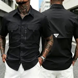 Men’s utility cargo shirt, quick-dry, wrinkle-resistant short-sleeve button-up with zippered pockets, breathable slim fit for work, hiking, travel, streetwear, summer daily commute, and casual activities