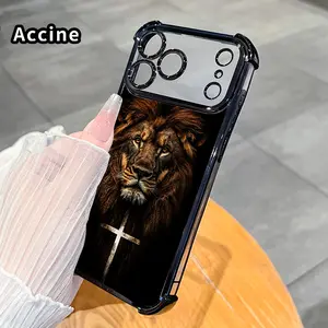 Compatible with iPhone 17 Pro Max 16 15 Plus Air 14 13 12 11 E Phone Case Lion and Cross Four-Corner Drop-Resistant Electroplated Transparent TPU Soft Protective Cover Gift