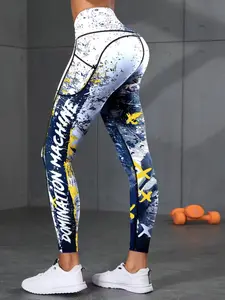 Women's Ink Print Patchwork Pocket Sport Pants, Side Pockets, Elastic Tight Fit, Butt Lifting, Gym Fitness, Yoga Basics, Athletic Leggings, High Waisted Leggings