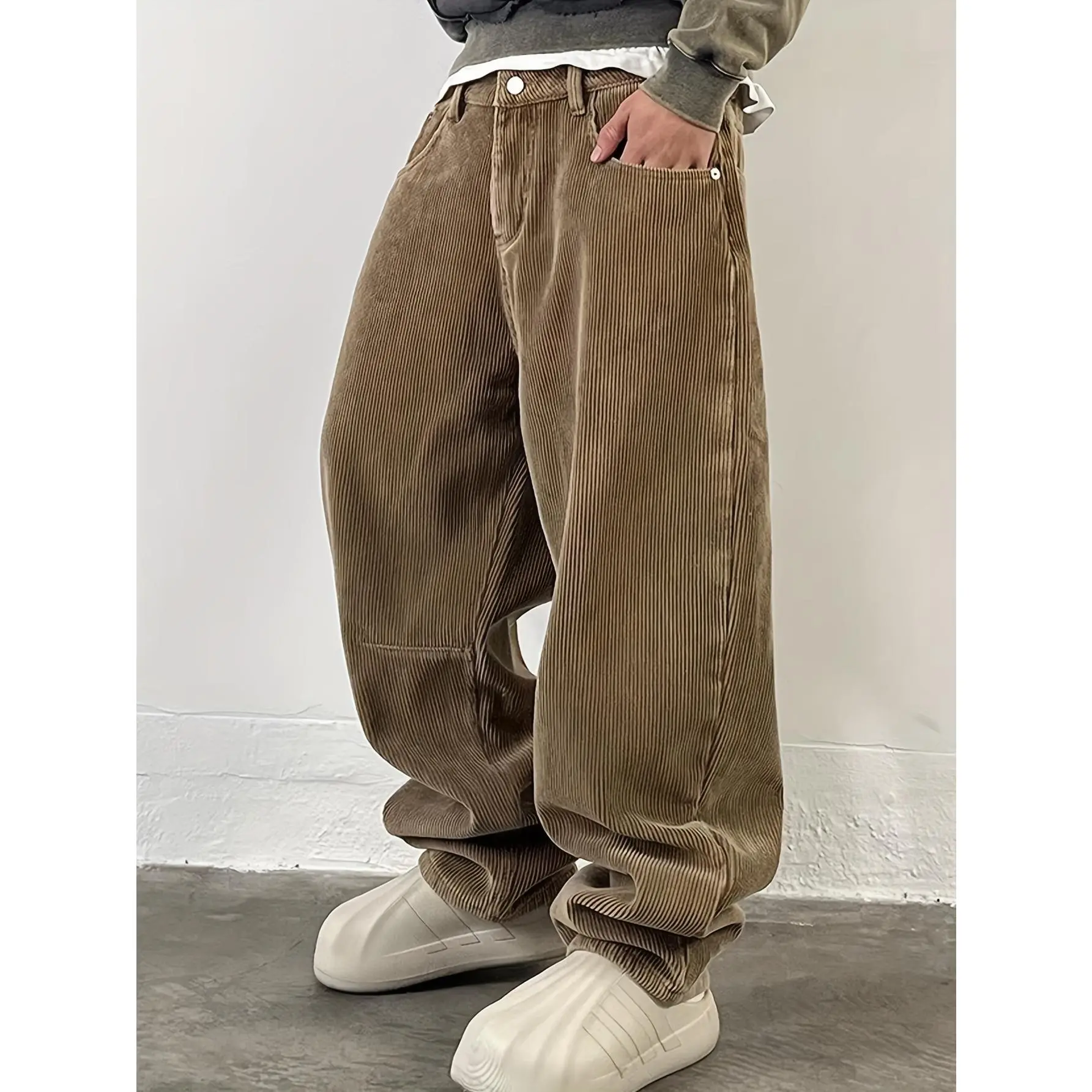 Men's 300G Heavyweight Stretch Fit Corduroy Herringbone Pants - 100% Poly Woven Solid Fabric, Button-and-Stud Front, Dual Front & Back Pockets, Below-Ankle Casual Trousers