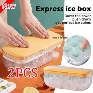 Portable 2-Piece Ice Cube Maker Tray Set with Cover, Kitchenware & Bar Utensils for Home Bar Use