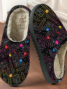 Vintage Pac-Man Game Print Cotton Slippers, Retro Casual Style, Plush Lined Anti-Slip Thick Sole, Home Use Men Women Fall Winter Warm Shoes
