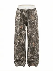 Women's Spring/Summer Back To School Basic Knit Camo Stretchy Comfortable Army Green Wide Leg Sweatpants