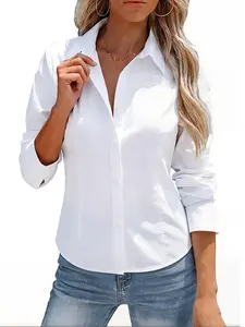 Women's White Long Sleeve Non-Sheer Breathable Comfort Button Up Blouse for Office Outfits Business Casual Teacher Wear - Spot, Womenswear