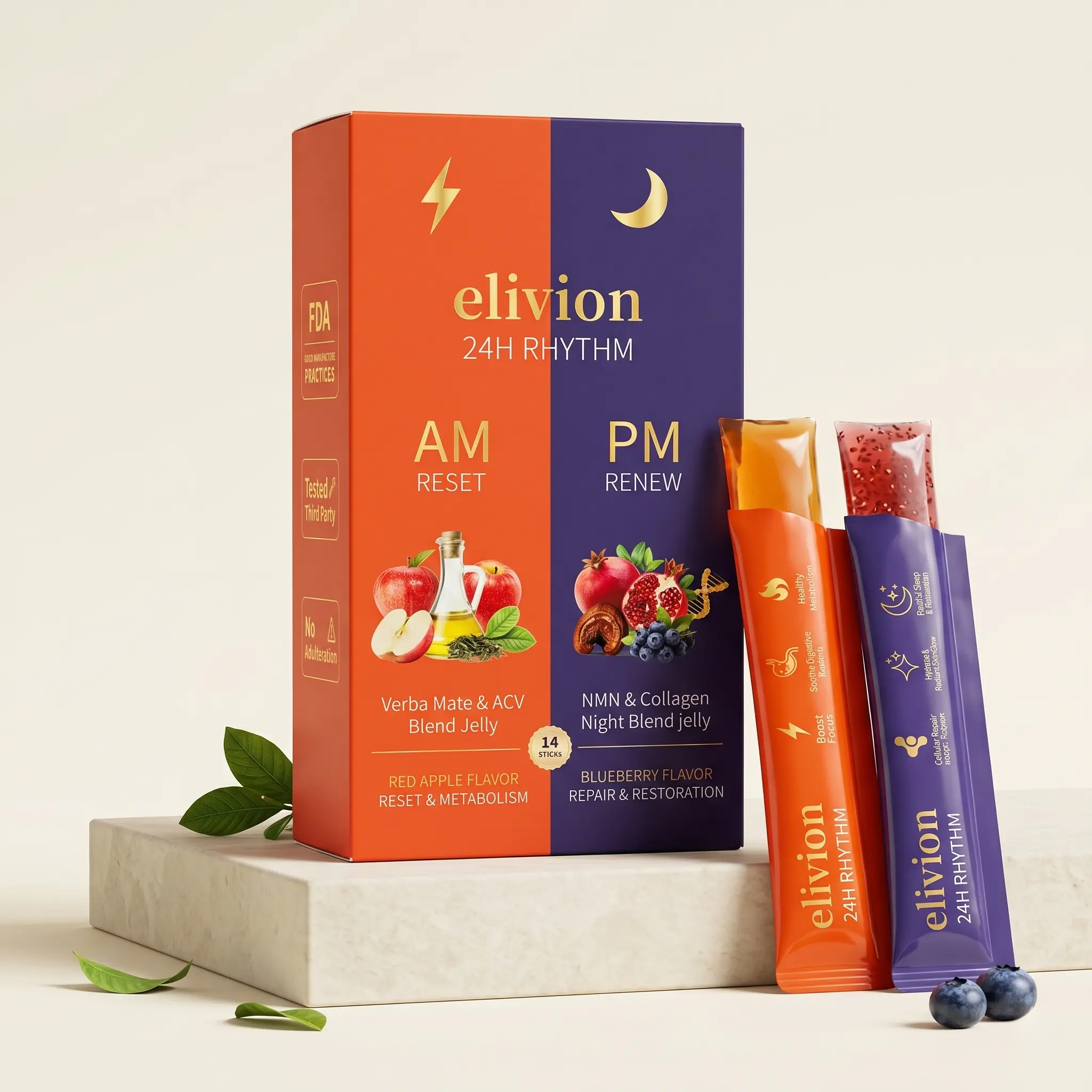 24H Rhythm AM/PM Collagen Reset Jelly Advanced Dietary Supplement - 14 Sticks, ACV & Yerba Mate for Daily Metabolism, NMN & Marine Collagen for Night Repair Healthcare Support