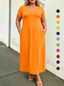 Plus Size Solid Maxi Dress, Crew Neck Short Sleeve Casual Dress with Pockets, Loose Fit to Hide Hips & Tummy