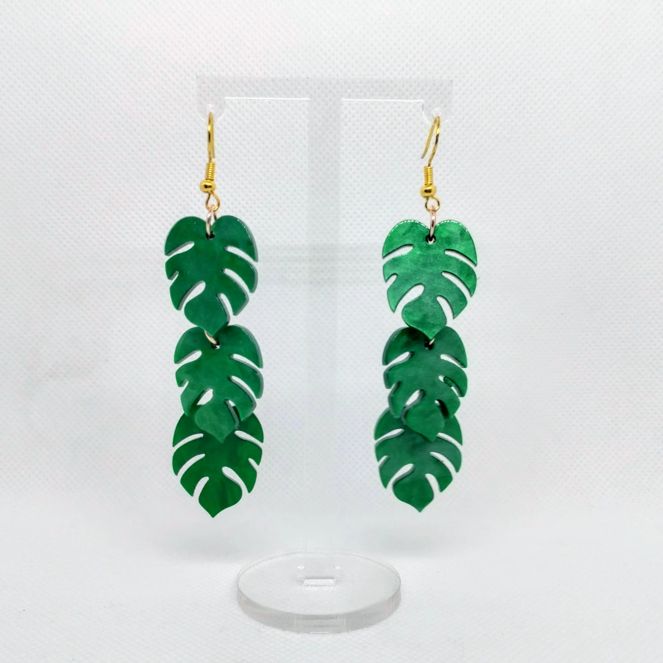#313 Triple Monstera Leaf Earrings, Casual, Boho, Acrylic