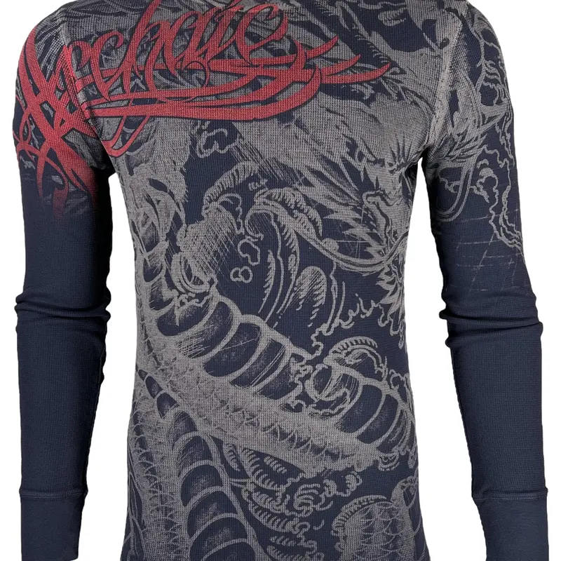 Archaic By Affliction Men's Cotton Crew Neck Long Sleeve Graphic Thermal Shirt - Dragon Print, Dark Casual Wear, 3XL Pull-On Top, Full Length, Cold Wash Compatible