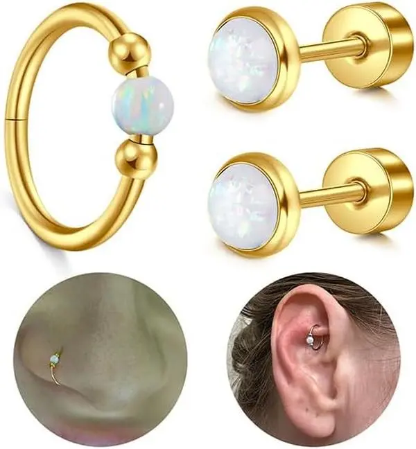 18g Opal Nose Ring Hoop Clicker   Nose Studs for Women Opal Tragus Hoop Cartilage Helix Daith Earring Hoops Hinged Cartilage Piercing  8mm 10mm