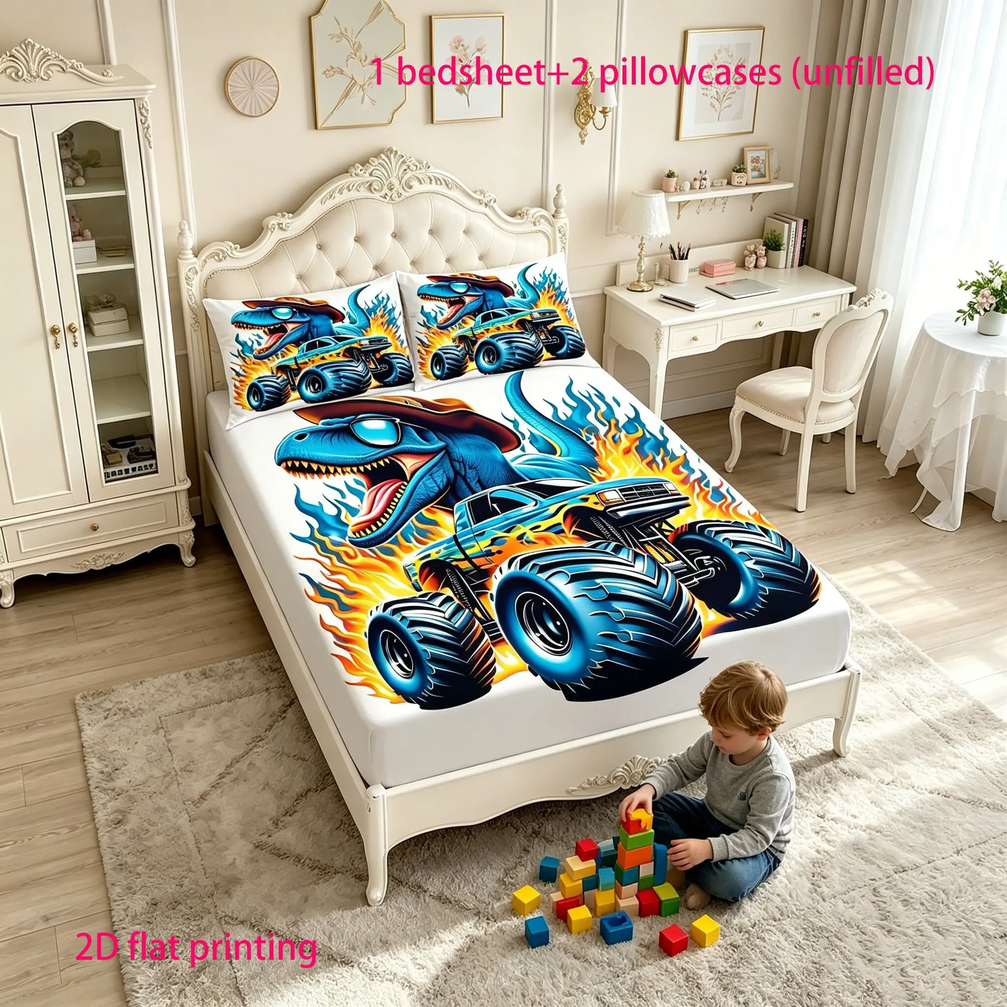 2D flat-printed dinosaur monster truck bed linen set for boys, including anti-slip bedspread and pillowcase combination (excluding pillow core)