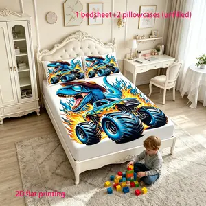 2-piece 2D flat printed dinosaur monster truck bed sheet 3-piece boy cartoon bedding set anti slip bed cover+pillowcase combination (excluding pillow core)