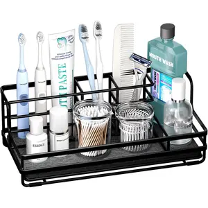 Toothbrush Holders for Bathroom - 5 Partitions Bathroom Counter Organizer with Instant Drying Stone, Countertop Storage Electric Toothbrush Toothpaste Holder - Black