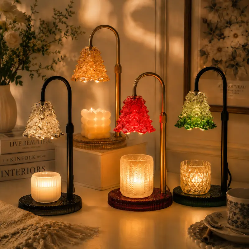 Aesthetic Christmas Tree Candle Warmer Lamp - Safe Flame-Free Glass Wax Melt Light with Timer, Height-Adjustable Metal Home Decor, Cozy Yoga Space Accessory Gift for Women, Compatible with Scented Candles