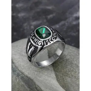 1pc Vintage Stainless Steel Men's Ring, Inlaid with Cubic Zirconia Eagle Totem and High School Letters, with A Tough Metallic Texture, Eye-catching Accessory, A Choice for Daily Street Wear
