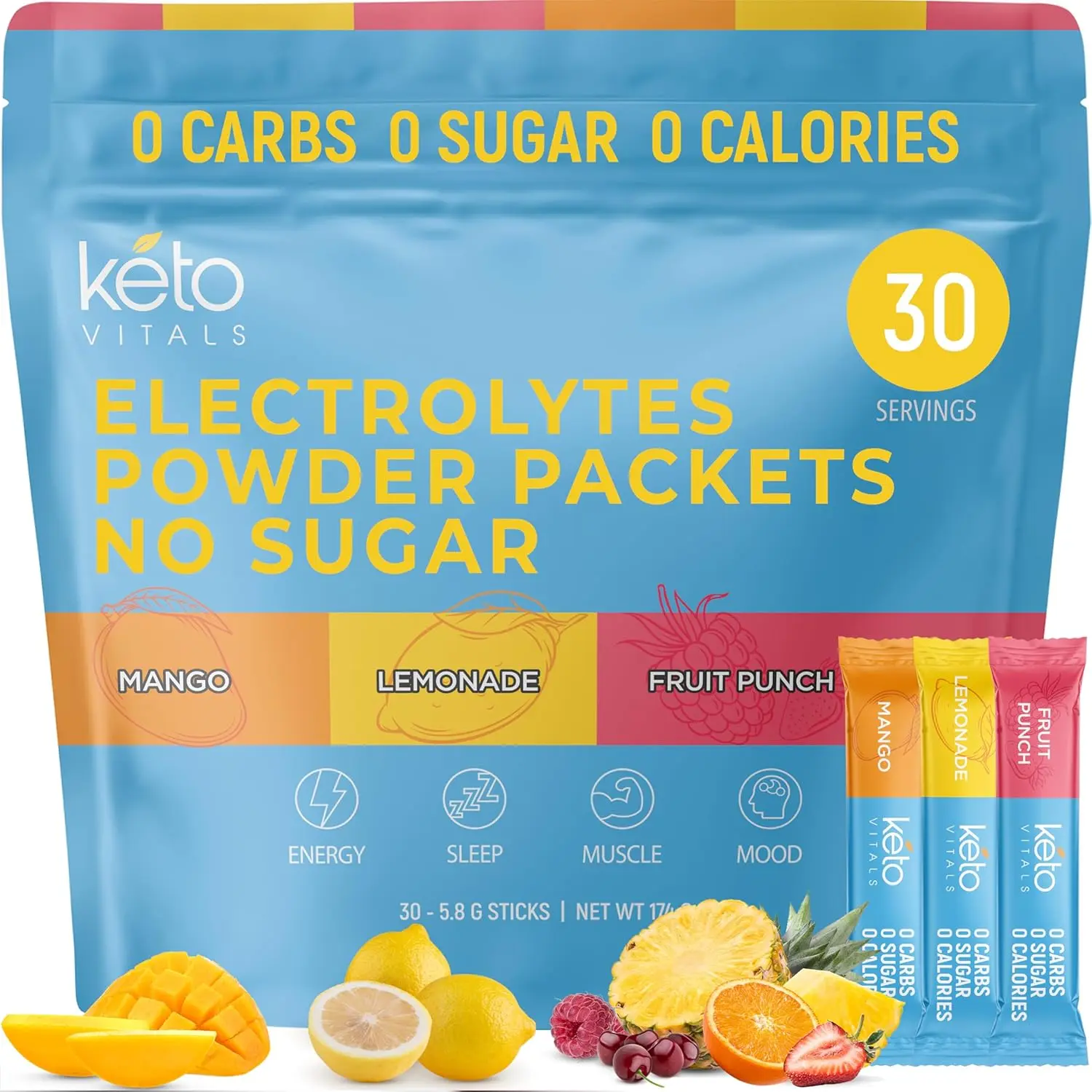 Keto Vitals Sugar Free Keto Electrolyte Energy Drink Mix - Daily Rapid Hydration Powder & Energy Boost | Keto-Friendly,  Zero Carbs & Calories, Natural & Non-GMO, Made in USA, Assorted Packets, 30 Count