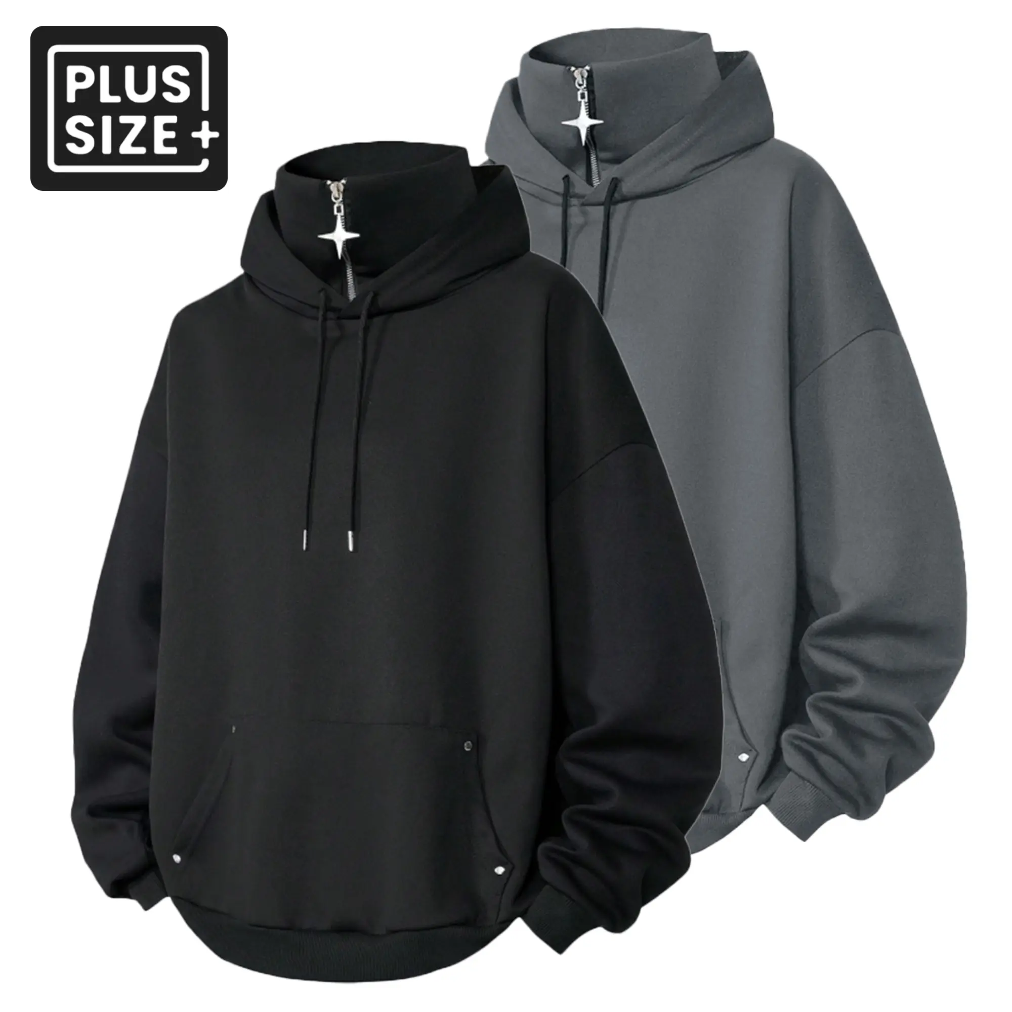 【PLUS SIZE】 2-Pack Men’s Spring/Autumn Long Sleeve Hooded Sweatshirts, Half-Zip Hoodies, Fashionable Casual Loose Fit, Suitable for Everyday Wear