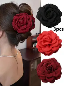 Elegant Large Rose Hair Clips Set, 3pcs Women's Fabric Multi-Layered Barrettes, Hair Claws, Perfect for Updos, Parties, Weddings, Daily Wear, Flower Hair Clip